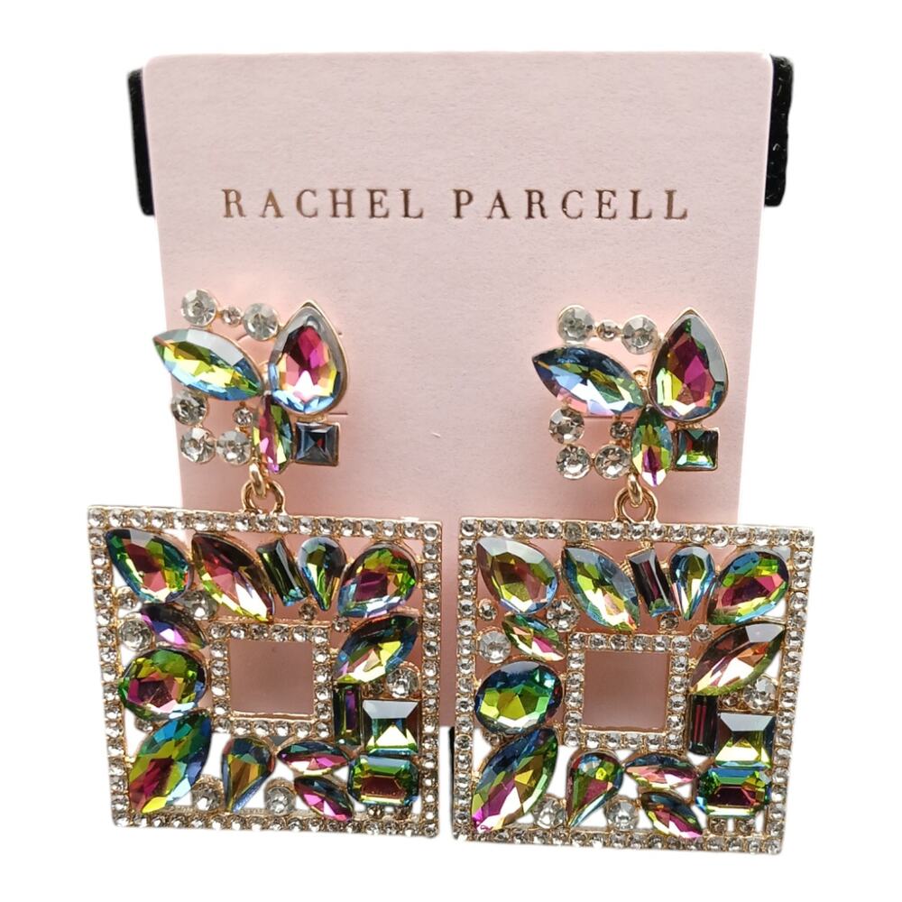 Rachel Parcell Statement Square Drop Earrings Multi-Color Crystal Rhinestone - Picture 4 of 5